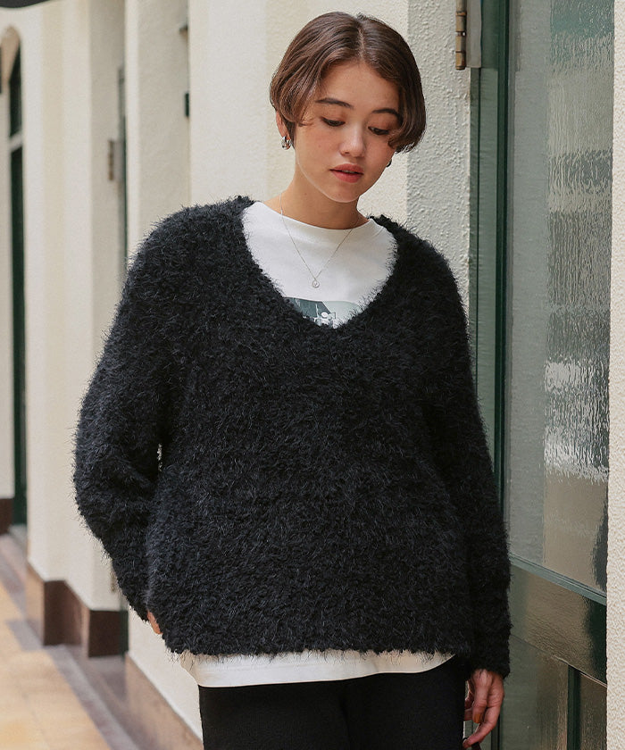 ティティベイト titivate ポコポコシャギーオーバーサイズVネックニット (オフホワイト) オフホワイト