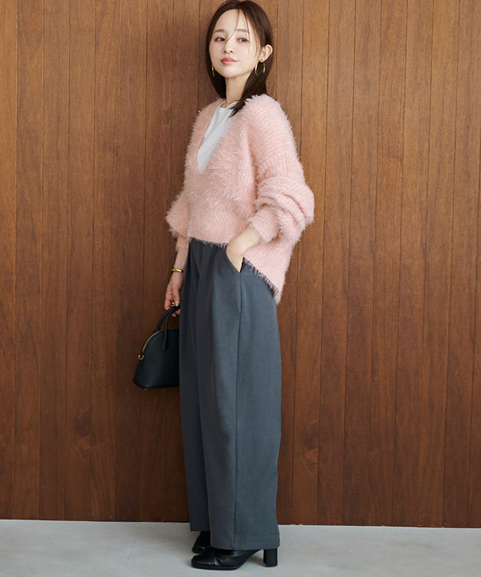 ティティベイト titivate 深Vネックショートシャギーニット (ライトベージュ) ライトベージュ