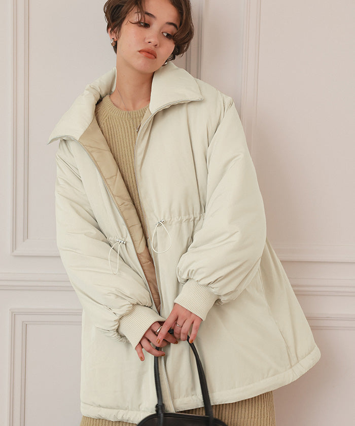 ティティベイト titivate ウエストドローストリングハイネック中綿ジャケット (ライトベージュ) ライトベージュ