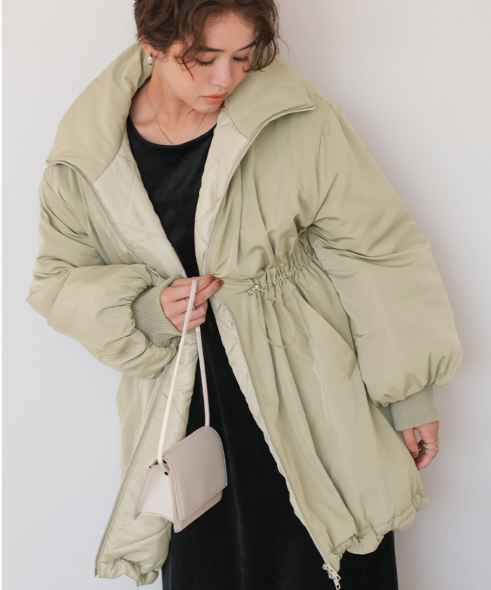 ティティベイト titivate ウエストドローストリングハイネック中綿ジャケット (ライトベージュ) ライトベージュ