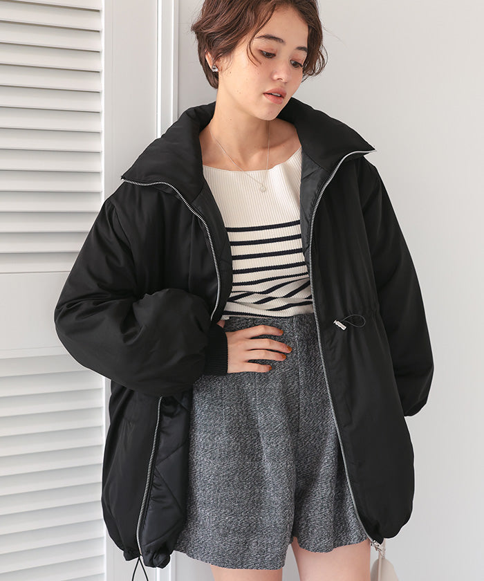 ティティベイト titivate ウエストドローストリングハイネック中綿ジャケット (ライトベージュ) ライトベージュ