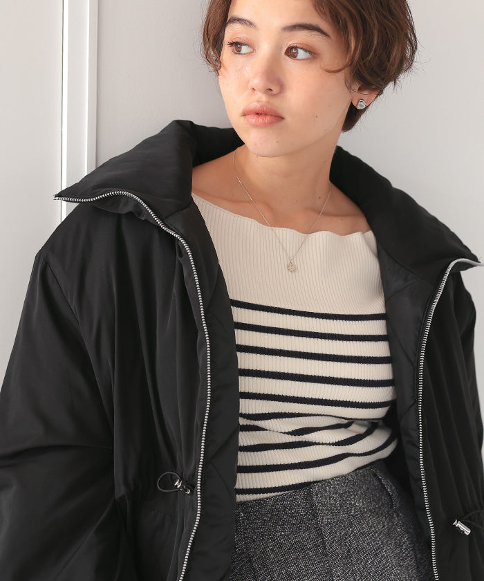 ティティベイト titivate ウエストドローストリングハイネック中綿ジャケット (ライトベージュ) ライトベージュ