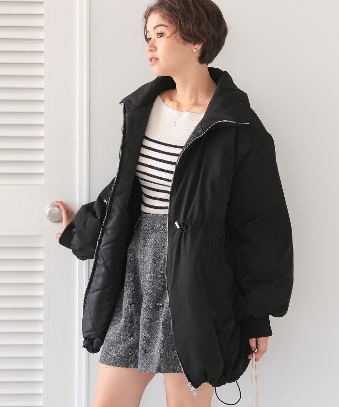 ティティベイト titivate ウエストドローストリングハイネック中綿ジャケット (ライトベージュ) ライトベージュ