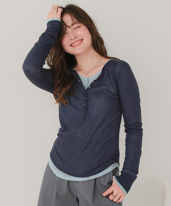 ティティベイト titivate シアーテレコヘンリーネックトップス (ネイビー) ネイビー