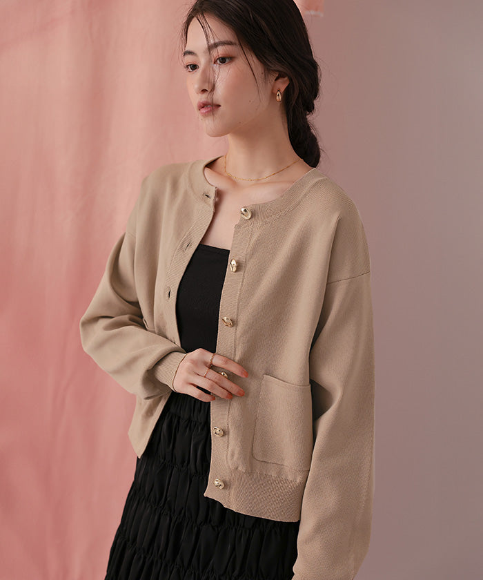 ティティベイト titivate デザイン釦ポケットニットカーディガン (ラベンダー) ラベンダー