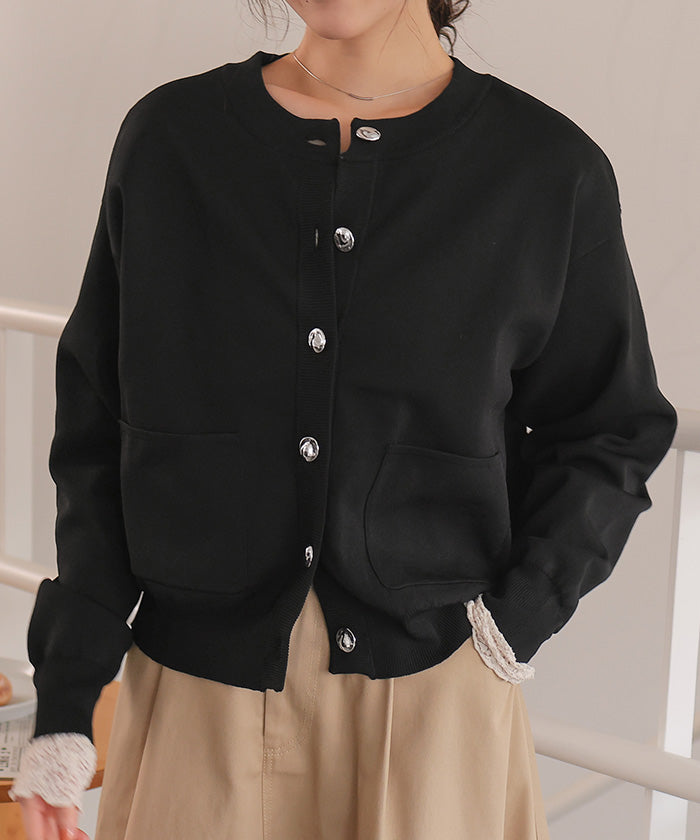 ティティベイト titivate デザイン釦ポケットニットカーディガン (ブラック) ブラック