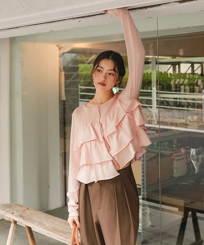 ティティベイト titivate ティアードフリルニットカーディガン/トップス (杢グレー) 杢グレー