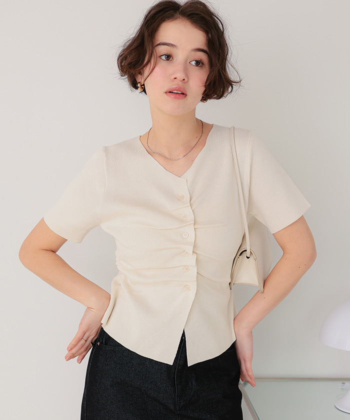 ティティベイト titivate フロントギャザーニット半袖トップス (グレー) グレー