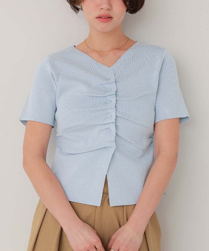 ティティベイト titivate フロントギャザーニット半袖トップス (グレー) グレー