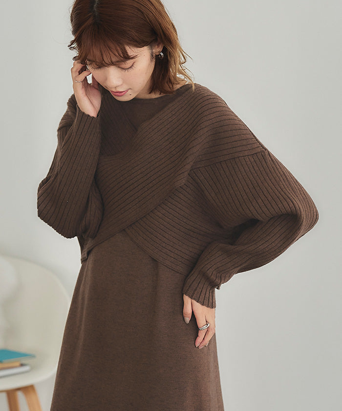 ティティベイト titivate デザインニットレイヤードワンピース (グレージュ) グレージュ