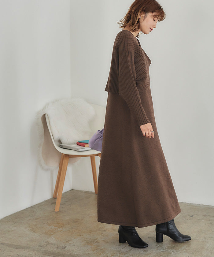 ティティベイト titivate デザインニットレイヤードワンピース (グレージュ) グレージュ