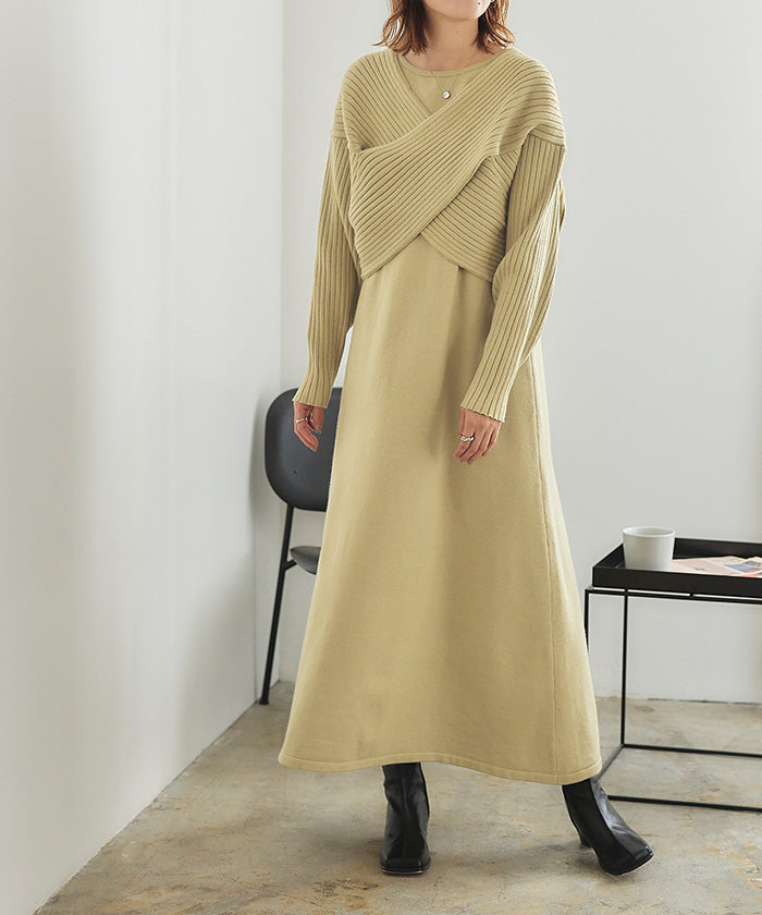 ティティベイト titivate デザインニットレイヤードワンピース (グレージュ) グレージュ