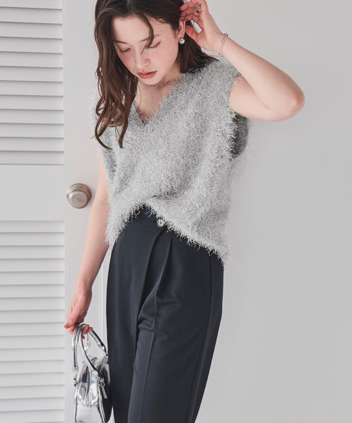 ティティベイト titivate 前後2wayVネックシャギーニットベスト (ブラック) ブラック