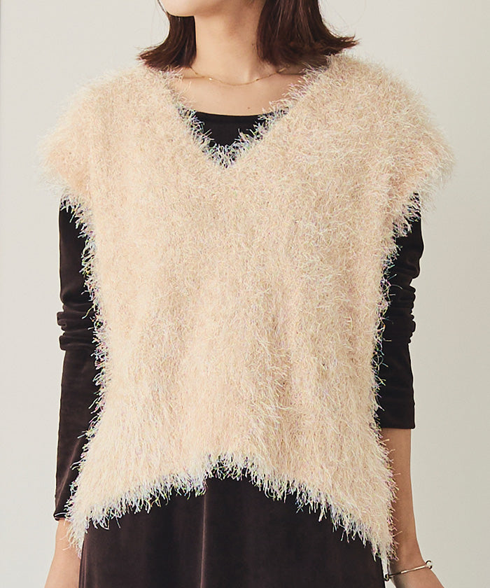 ティティベイト titivate 前後2wayVネックシャギーニットベスト (ライトベージュ) ライトベージュ