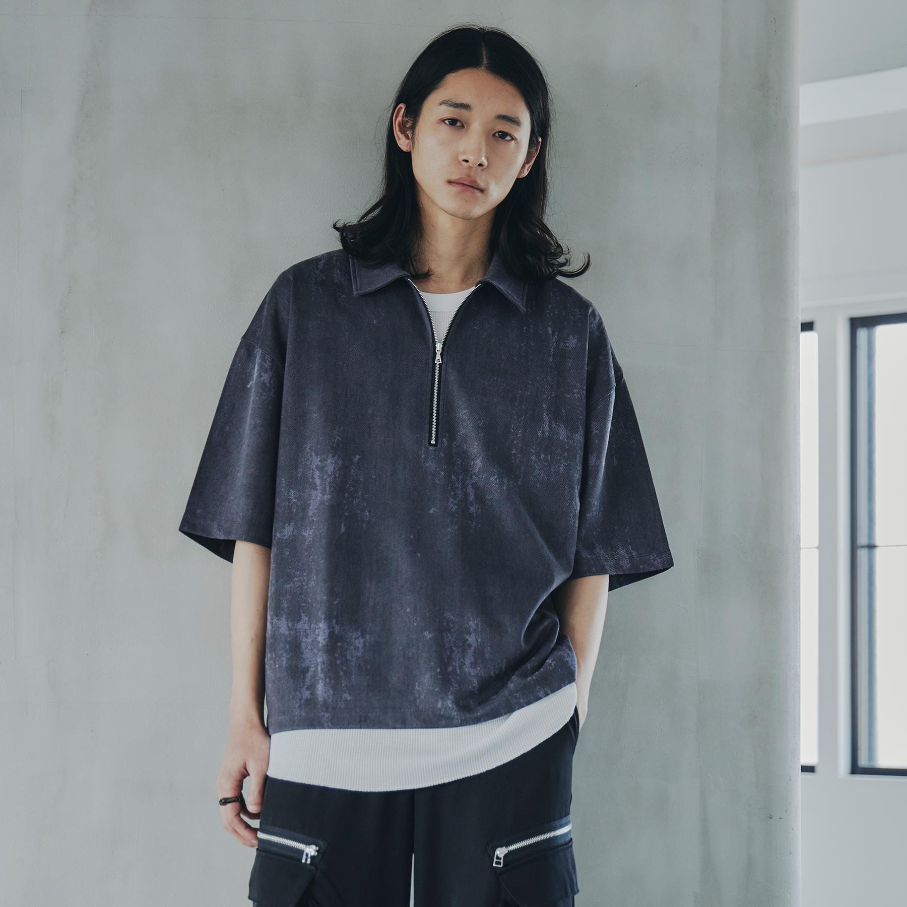 ティーケー タケオ キクチ tk.TAKEO KIKUCHI ヴィンテージライクハーフジップポロシャツ (ブラック(019)) ブラック(019)