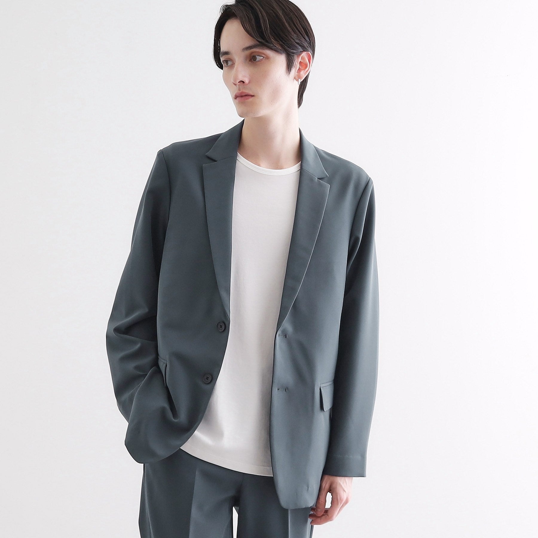 TAKEOKIKUCHI tk. 360度ストレッチ ノーカラージャケット 黒 セットアップ対応360度ストレッチ スリムテーパードパンツ（フル