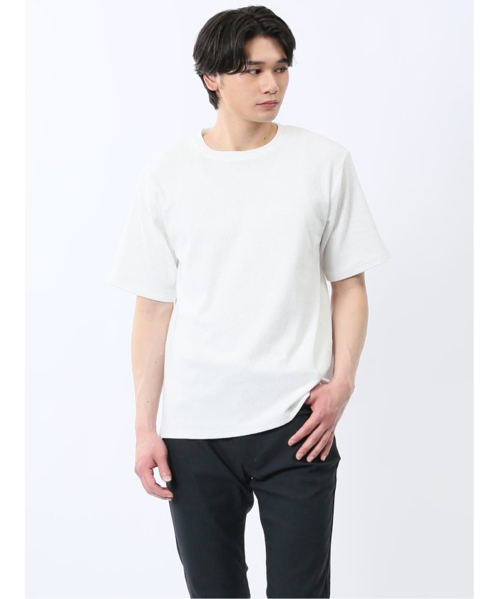 ジャガード クルーネック半袖Tシャツ (白) メンズ Tシャツ カットソー カジュアル インナー トップス ギフト プレゼント 白