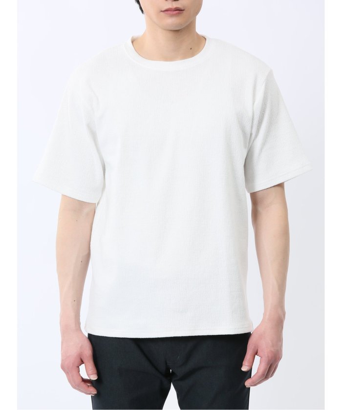 ジャガード クルーネック半袖Tシャツ (白) メンズ Tシャツ カットソー カジュアル インナー トップス ギフト プレゼント 白