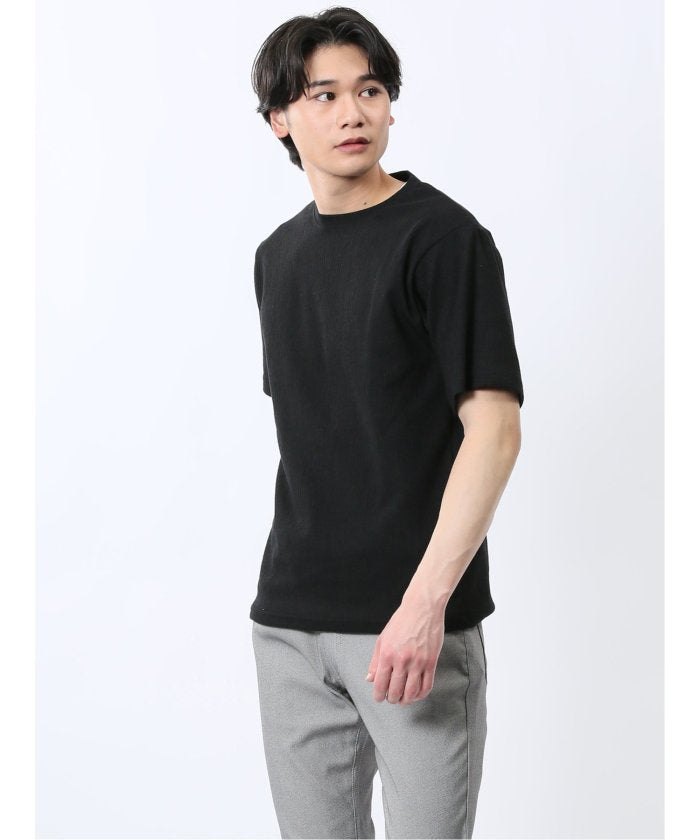 ジャガード クルーネック半袖Tシャツ (黒) メンズ Tシャツ カットソー カジュアル インナー トップス ギフト プレゼント 黒