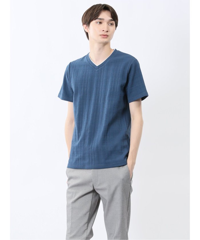 シャドーチェック Vネック半袖Tシャツ (青) メンズ Tシャツ カットソー カジュアル インナー トップス ギフト プレゼント 青