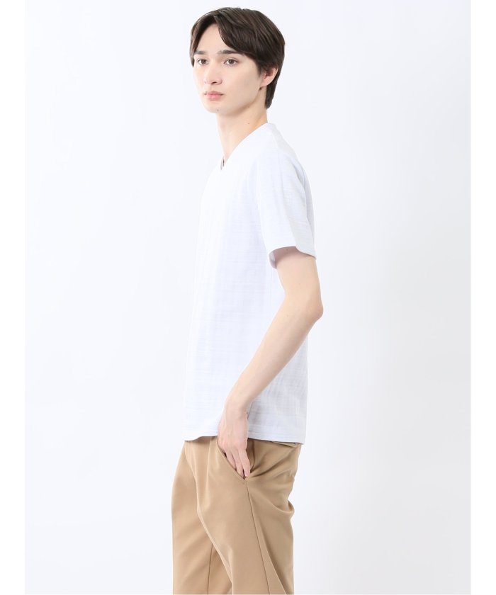 シャドーチェック Vネック半袖Tシャツ (青) メンズ Tシャツ カットソー カジュアル インナー トップス ギフト プレゼント 青