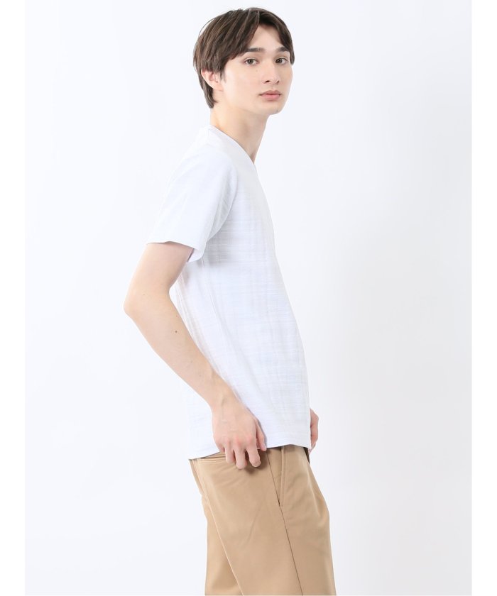 シャドーチェック Vネック半袖Tシャツ (青) メンズ Tシャツ カットソー カジュアル インナー トップス ギフト プレゼント 青