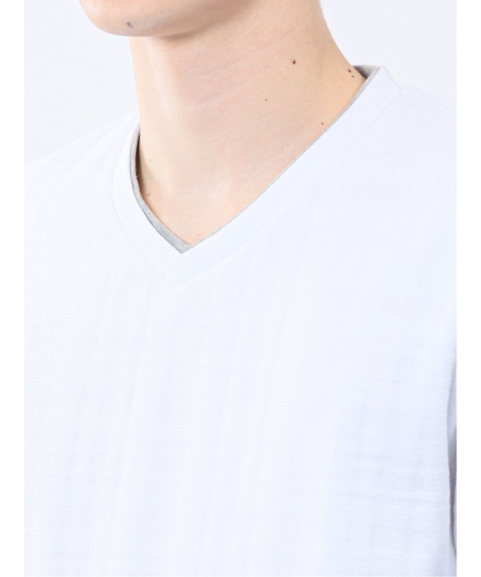 シャドーチェック Vネック半袖Tシャツ (青) メンズ Tシャツ カットソー カジュアル インナー トップス ギフト プレゼント 青