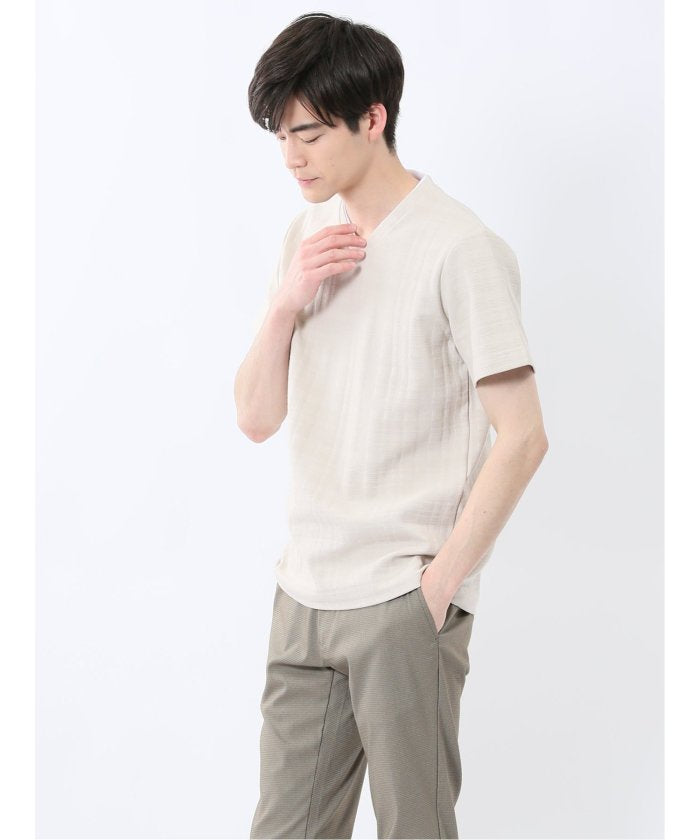 シャドーチェック Vネック半袖Tシャツ (青) メンズ Tシャツ カットソー カジュアル インナー トップス ギフト プレゼント 青