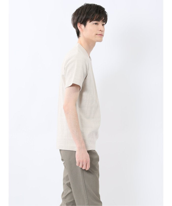 シャドーチェック Vネック半袖Tシャツ (青) メンズ Tシャツ カットソー カジュアル インナー トップス ギフト プレゼント 青