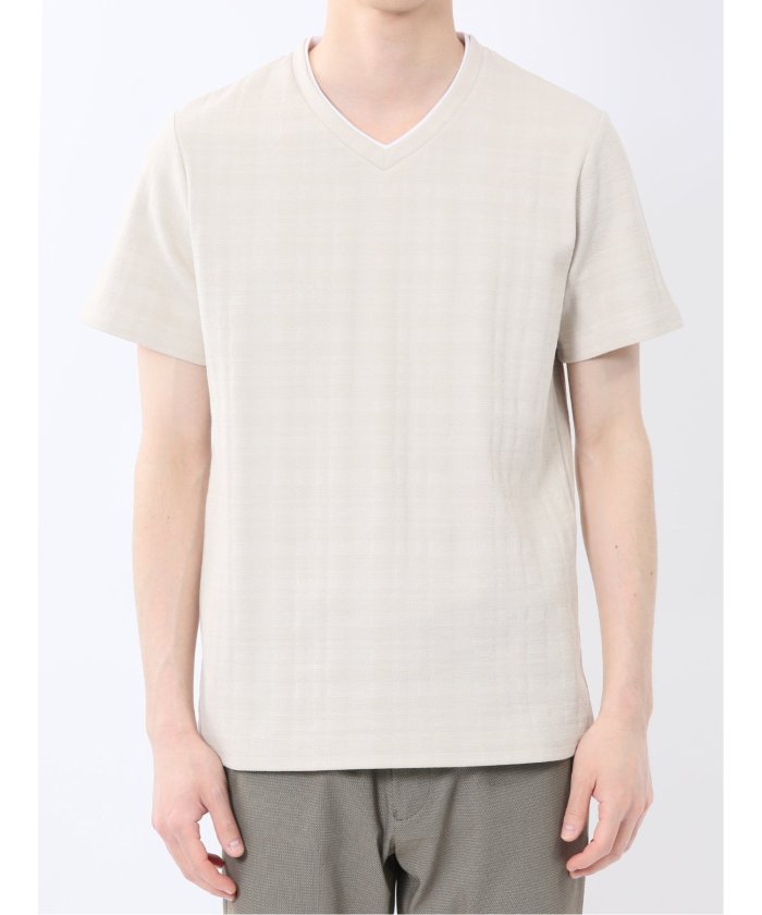 シャドーチェック Vネック半袖Tシャツ (青) メンズ Tシャツ カットソー カジュアル インナー トップス ギフト プレゼント 青