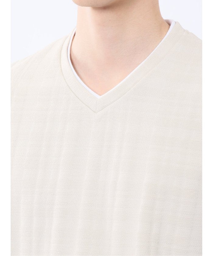 シャドーチェック Vネック半袖Tシャツ (青) メンズ Tシャツ カットソー カジュアル インナー トップス ギフト プレゼント 青