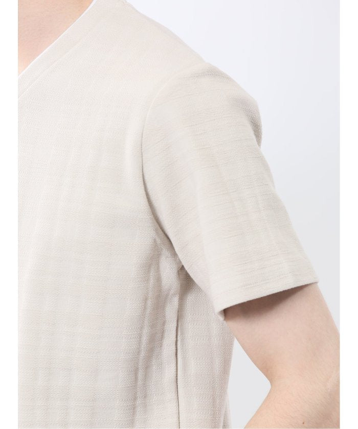 シャドーチェック Vネック半袖Tシャツ (青) メンズ Tシャツ カットソー カジュアル インナー トップス ギフト プレゼント 青