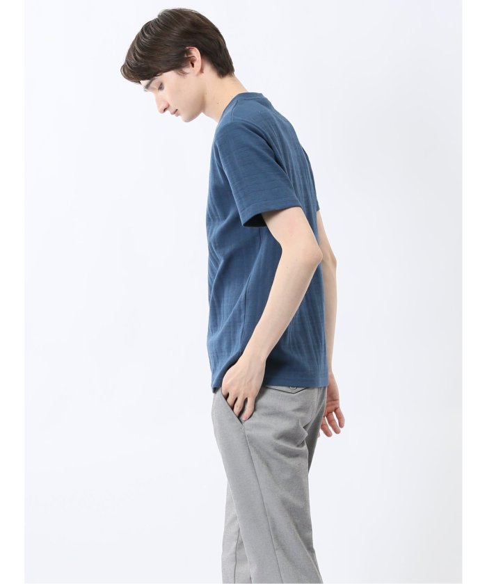 シャドーチェック Vネック半袖Tシャツ (青) メンズ Tシャツ カットソー カジュアル インナー トップス ギフト プレゼント 青