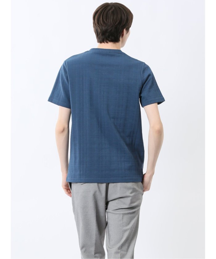 シャドーチェック Vネック半袖Tシャツ (青) メンズ Tシャツ カットソー カジュアル インナー トップス ギフト プレゼント 青