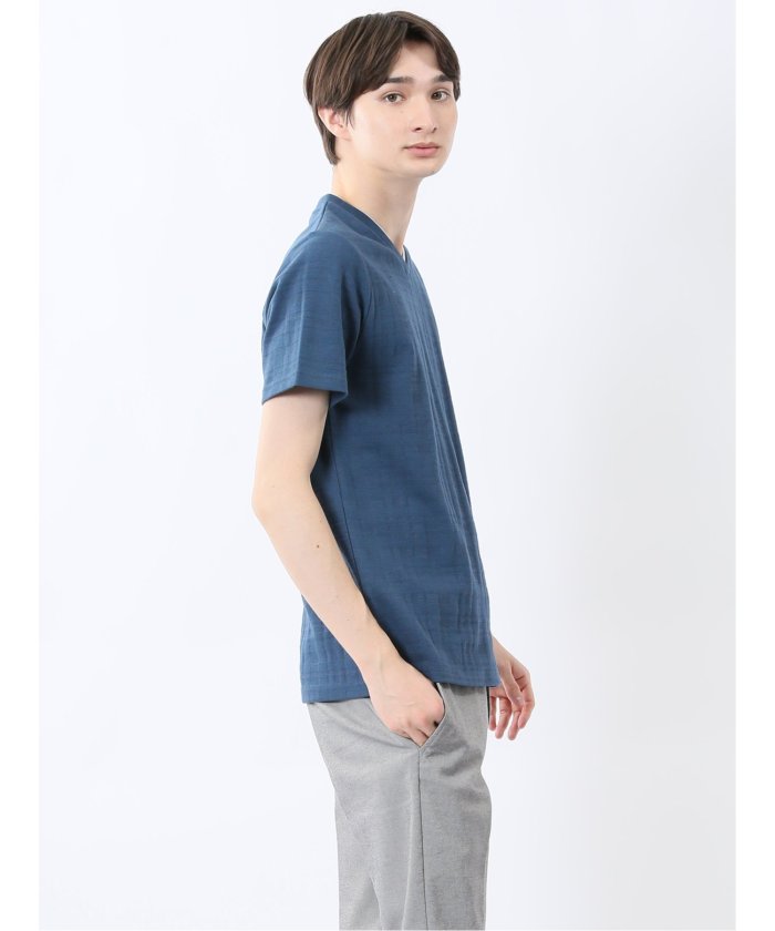 シャドーチェック Vネック半袖Tシャツ (青) メンズ Tシャツ カットソー カジュアル インナー トップス ギフト プレゼント 青