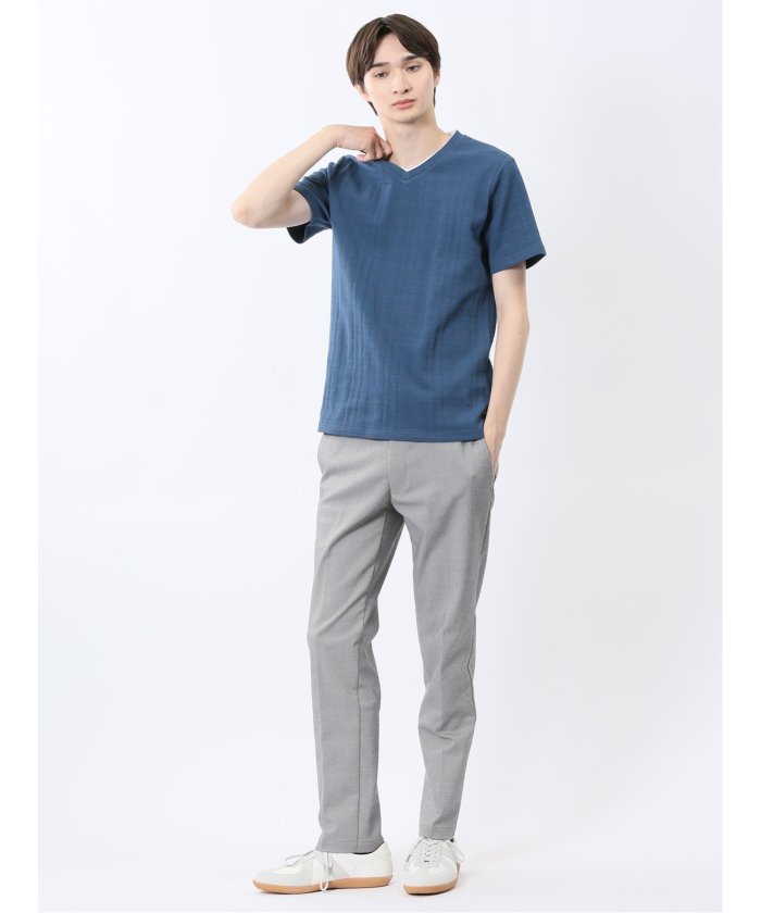 シャドーチェック Vネック半袖Tシャツ (青) メンズ Tシャツ カットソー カジュアル インナー トップス ギフト プレゼント 青