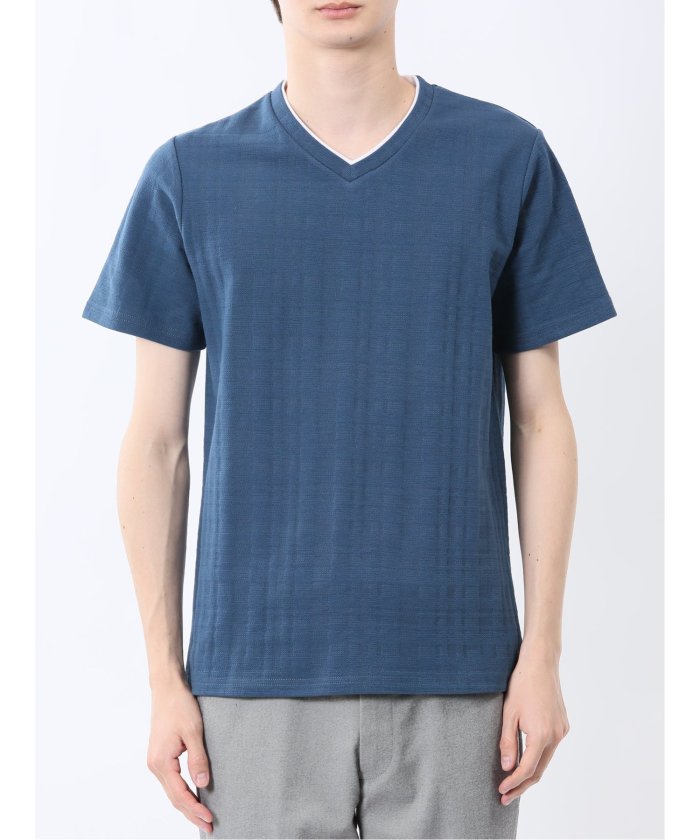 シャドーチェック Vネック半袖Tシャツ (青) メンズ Tシャツ カットソー カジュアル インナー トップス ギフト プレゼント 青