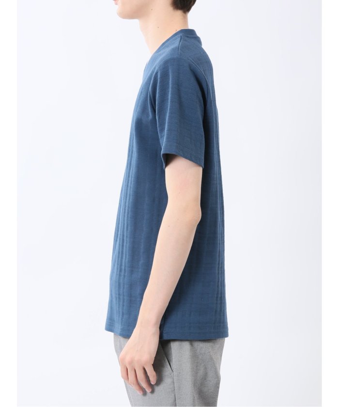 シャドーチェック Vネック半袖Tシャツ (青) メンズ Tシャツ カットソー カジュアル インナー トップス ギフト プレゼント 青