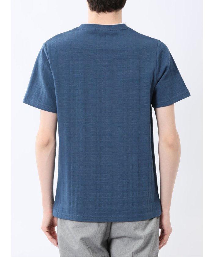 シャドーチェック Vネック半袖Tシャツ (青) メンズ Tシャツ カットソー カジュアル インナー トップス ギフト プレゼント 青