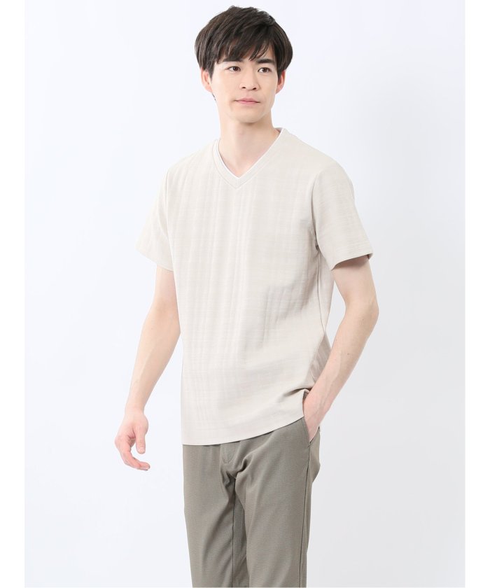 シャドーチェック Vネック半袖Tシャツ (ベージュ) メンズ Tシャツ カットソー カジュアル インナー トップス ギフト プレゼント ベージュ