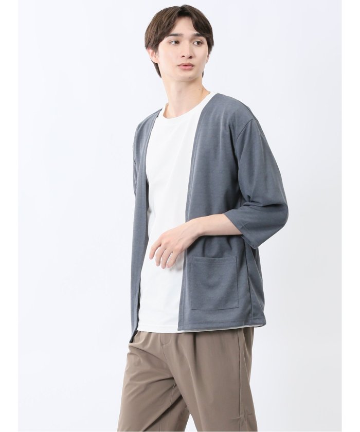 カウラ/Kaule 7分袖カーディガン&半袖Tシャツ アンサンブル (青) メンズ シャツ カジュアル トップス インナー ギフト プレゼント ライトアウター カーディガン アウター 青