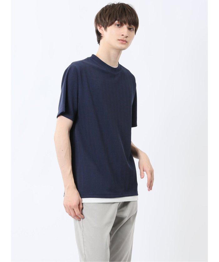 ストライプジャガード クルーネック半袖Tシャツ (アイボリー) メンズ Tシャツ カットソー カジュアル インナー トップス ギフト プレゼント 紺