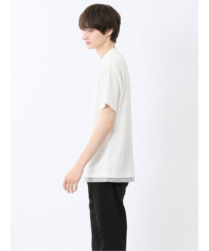 ストライプジャガード クルーネック半袖Tシャツ (アイボリー) メンズ Tシャツ カットソー カジュアル インナー トップス ギフト プレゼント 紺