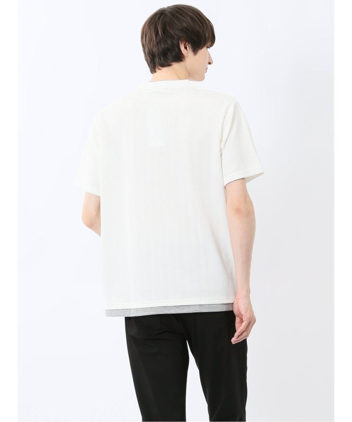 ストライプジャガード クルーネック半袖Tシャツ (アイボリー) メンズ Tシャツ カットソー カジュアル インナー トップス ギフト プレゼント 紺