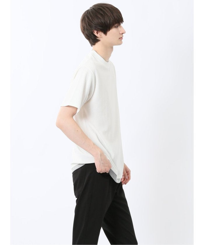 ストライプジャガード クルーネック半袖Tシャツ (アイボリー) メンズ Tシャツ カットソー カジュアル インナー トップス ギフト プレゼント 紺