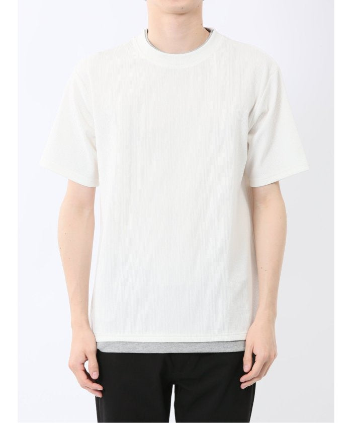 ストライプジャガード クルーネック半袖Tシャツ (アイボリー) メンズ Tシャツ カットソー カジュアル インナー トップス ギフト プレゼント 紺