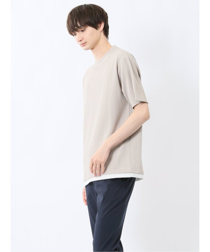 ストライプジャガード クルーネック半袖Tシャツ (アイボリー) メンズ Tシャツ カットソー カジュアル インナー トップス ギフト プレゼント 紺