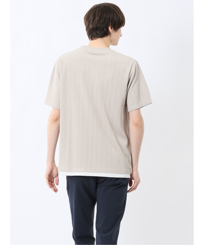 ストライプジャガード クルーネック半袖Tシャツ (アイボリー) メンズ Tシャツ カットソー カジュアル インナー トップス ギフト プレゼント 紺