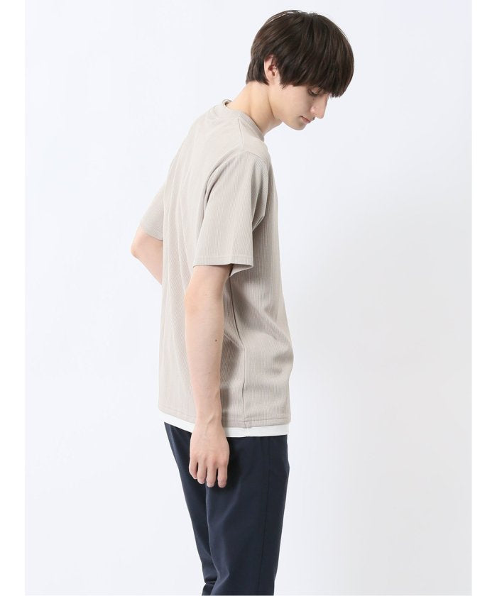 ストライプジャガード クルーネック半袖Tシャツ (アイボリー) メンズ Tシャツ カットソー カジュアル インナー トップス ギフト プレゼント 紺