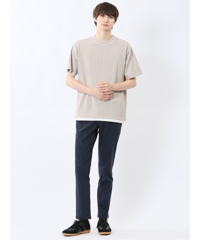 ストライプジャガード クルーネック半袖Tシャツ (アイボリー) メンズ Tシャツ カットソー カジュアル インナー トップス ギフト プレゼント 紺